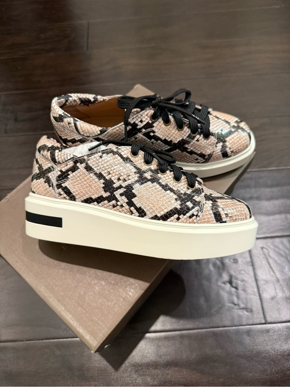 Leather Platform Lace-Up Sneakers in Snake Print - Beige/Black